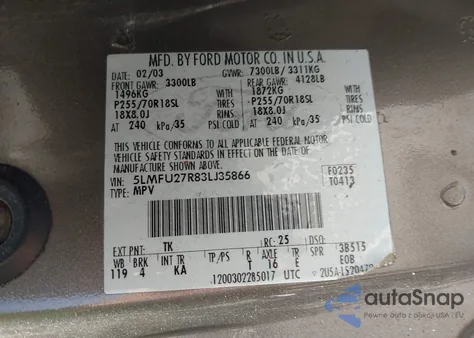 2003 Lincoln Navigator из США, поврежденный, VIN 5LMFU27R83LJ35866